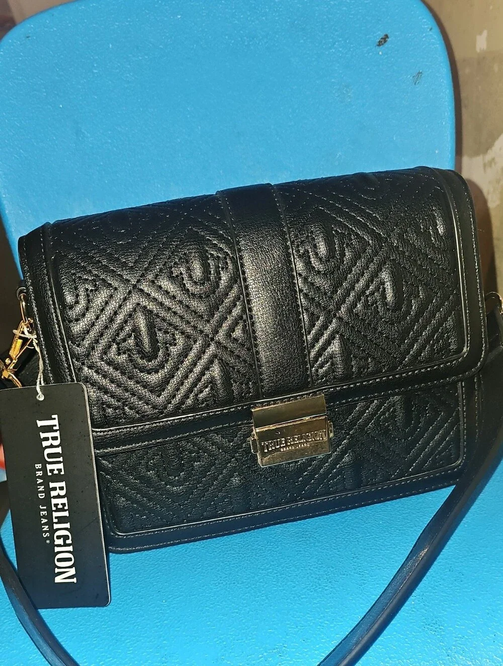 True Religion Black Quilted Logo Crossbody Bag